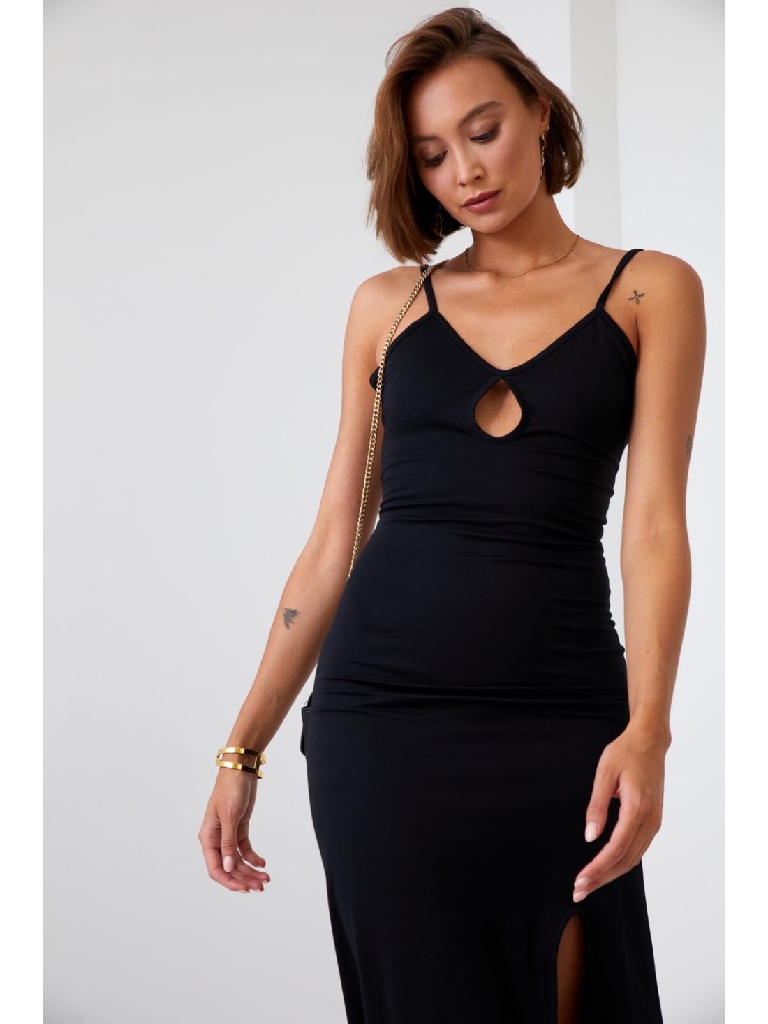 Smooth maxi dress on straps with a slit, black 110570 - Online store - Boutique